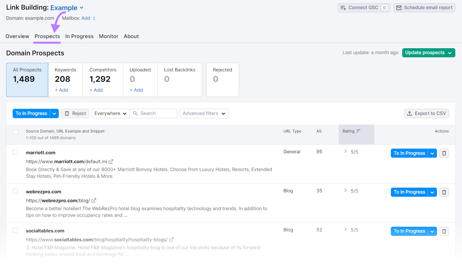 "Prospects" report in Link Building Tool